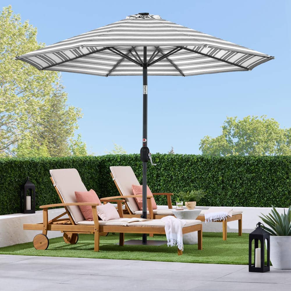 10ft Striped Black Metal Market Patio Umbrella with LED Lights