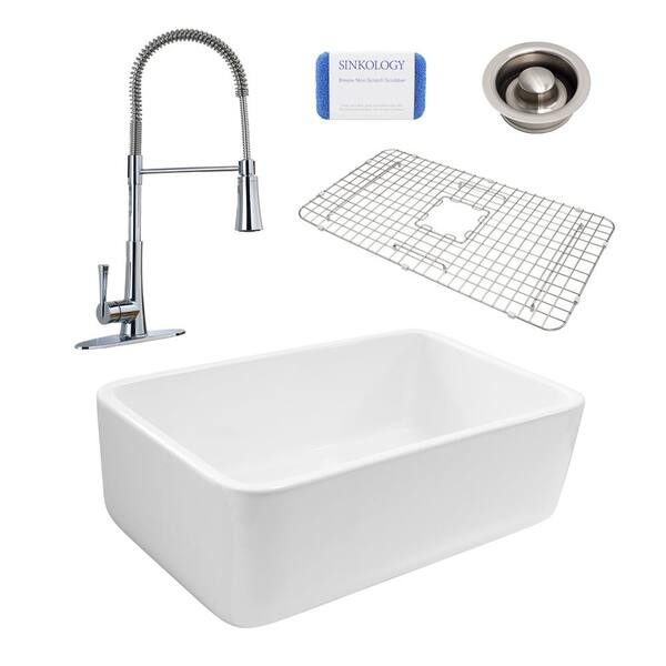 SINKOLOGY Bradstreet Reversible All-In-One Farmhouse Fireclay 30.5 in. Kitchen Sink with Pfister Faucet Disposal Drain
