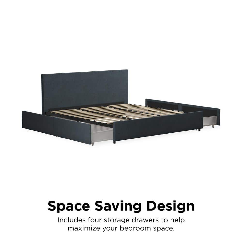 Navy Blue King Linen Upholstered Storage Bed with Tufted Headboard