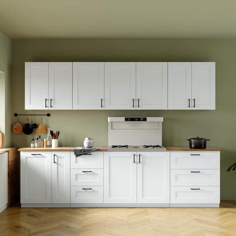 White Wood 120 in. x 34.6 in. Pantry Cabinet with Wall and Base Cabinet Set, 6 Drawers, Hidden Trash Bin Compartment price history on PriceWatchPro