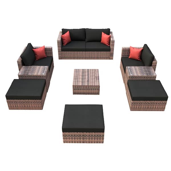 Tatayosi 10-Piece Wicker Outdoor Furniture Set Patio Sectional Conversation Sofa Set with Black Cushions and Red Pillows