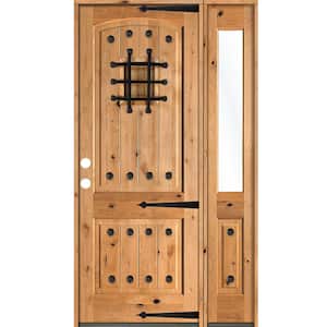 56 in. x 96 in. Mediterranean Knotty Alder Right-Hand/Inswing Clear Glass Clear Stain Wood Prehung Front Door w/RHSL