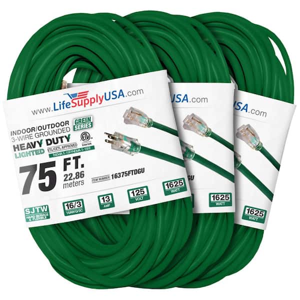 LifeSupplyUSA 75 ft. 16-Gauge/3-Conductors SJTW Indoor/Outdoor Extension Cord with Lighted End Green (3-Pack)