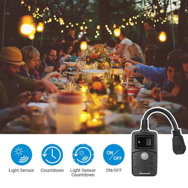 2-Pack Outdoor Light Countdown Photocell Sensor Timer with Electrical-Grounded Outlets-Black