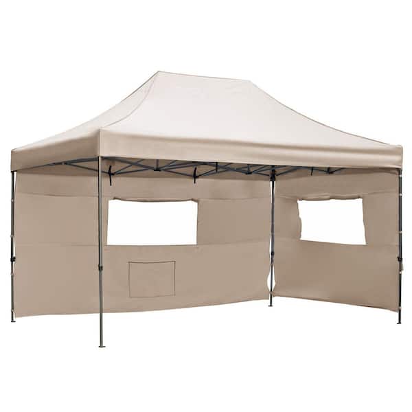 Huluwat 10 ft. x 15 ft. Khaki Heavy Duty Pop-Up Canopy with 4 Sidewalls and Wheeled Bag, 3 Height Adjustable