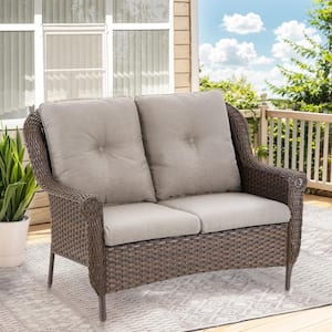 Floral Brown 1-Piece Wicker Outdoor Loveseat Patio 2-Seat Sofa with CushionGuard Beige Cushions