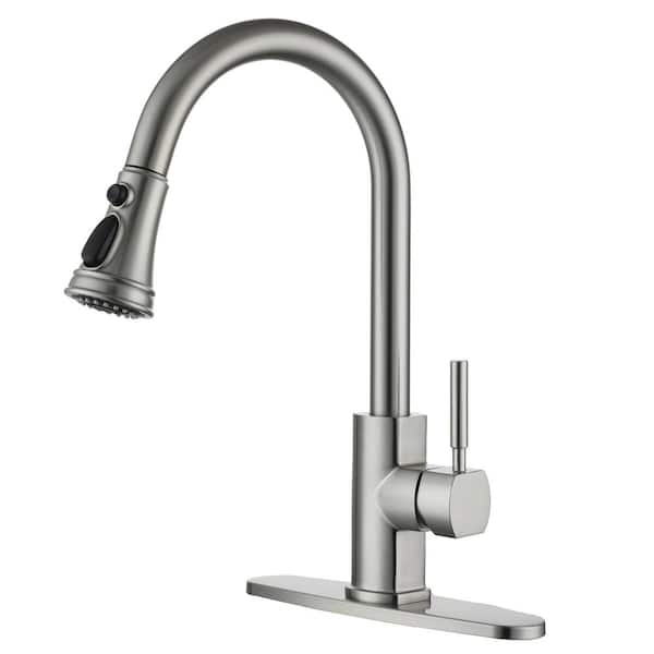 Boyel Living 3-Spray Patterns Single Handle Pull Down Sprayer Kitchen Faucet with Deck Plate and Water Supply Hoses in Brushed Nickel