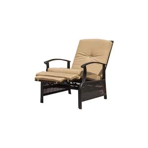 Brown Metal Adjustable Outdoor Chaise Lounge Chair with Khaki Cushions and Strong Extendable Metal Frame