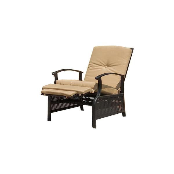 ITOPFOX Brown Metal Adjustable Outdoor Chaise Lounge Chair with Khaki Cushions and Strong Extendable Metal Frame