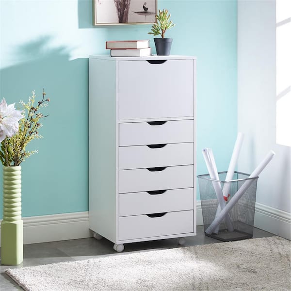 Homestock Drawer Dresser Storage Cabinet for Makeup, Wheels for Office Closet and Bedroom White 5 Drawer with Shelf