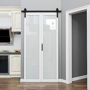 40 in. x 84 in. 1 Lite Tempered Frosted Glass White Finished Composite MDF Bi-Fold Sliding Barn Door with Hardware Kit