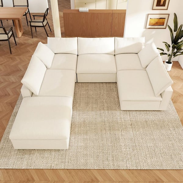 118 in. Modular White Linen Down Filled Queen Size 5-Seat Sleeper Cloud Sofa Bed with Ottoman, Detachable Covers