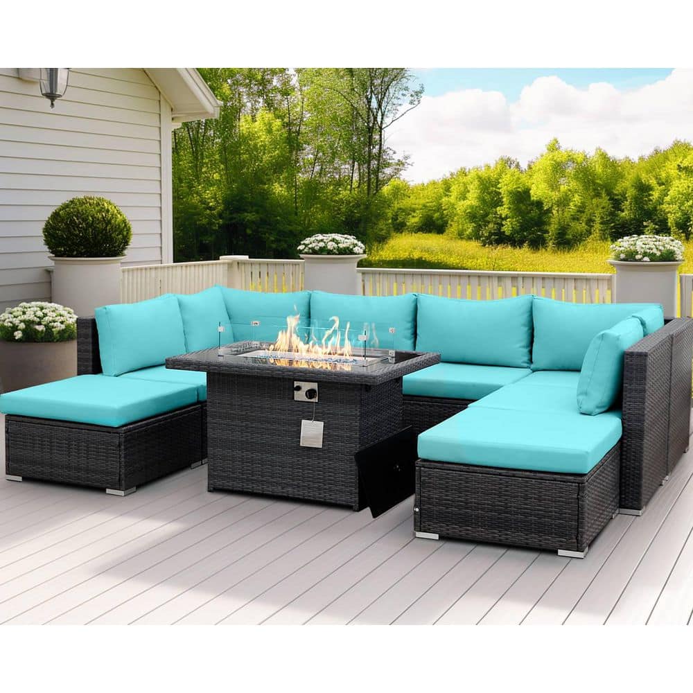 Backyard 9-Piece Patio Gray Rattan Deep Seating Sectional Sofa Set with Fire Pit Table Teal Cushions and Ottomans price history on PriceWatchPro