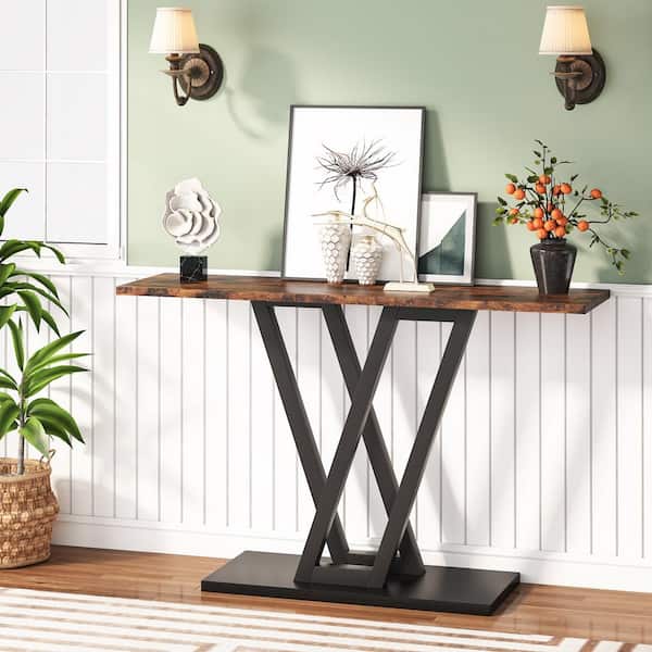 Benjamin 43.31 in. Brown and Black 31.5 in. Rectangle Wood Console Table with Durable Metal Frame
