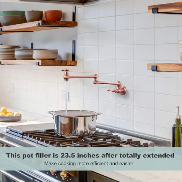 Wall Mounted Pot Filler with 2-Handles Double Joint Swing Arm in Copper