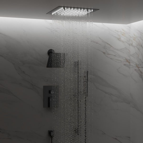 YAWWALK LED 3-Spray 12 and 6 in. Ceiling Mout Dual and Handheld Shower with Slider Bar 1.8 GPM in Matte Black (Valve Included)