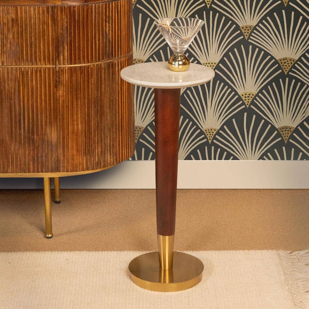 Mid-Century Modern Acacia Wood and Marble Round Accent Table