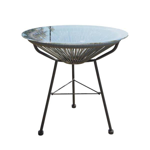 CORVUS Gray Round Wicker Outdoor Side Table with Round Glass Top