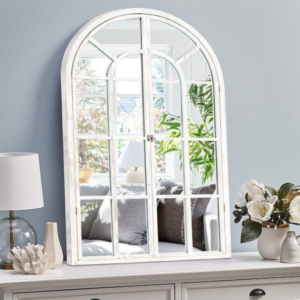 Lirago 24 in. W x 36 in. H Classic Arched Solid Wood Wall Mirror in White