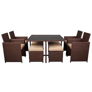 Black Frame 9-Piece Brown Wicker Outdoor Dining Set with Khaki Cushion