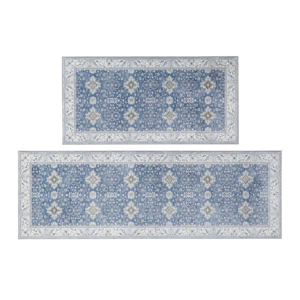 Willa Blue/Taupe 2 ft. x 6 ft. Geometric 2-Piece Rug Set