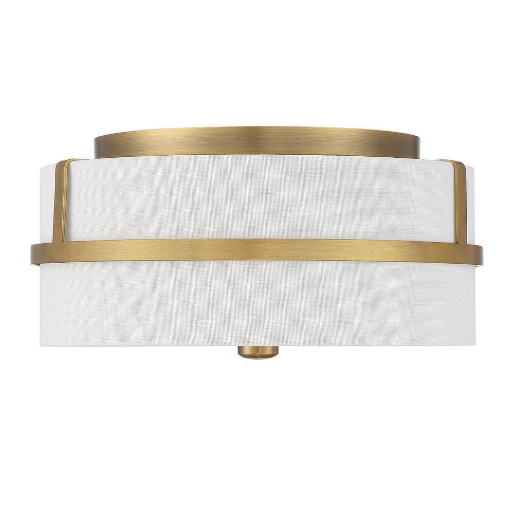 Natural Brass and White Fabric Drum 2-Light Ceiling Flush Mount