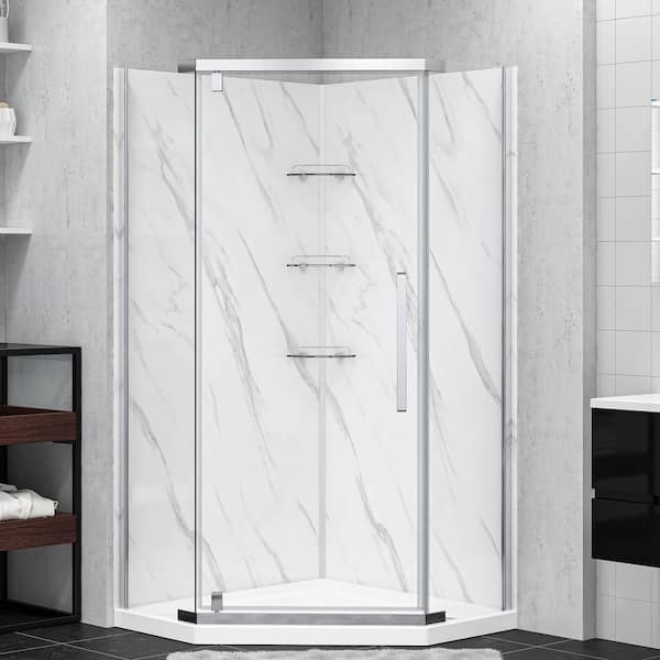 Dreamwerks Capri 38 in. L x 38 in. W x 79 in. H Neo Angle Corner Shower Stall/Kit in Brushed Nickel with Door, Base, and Walls