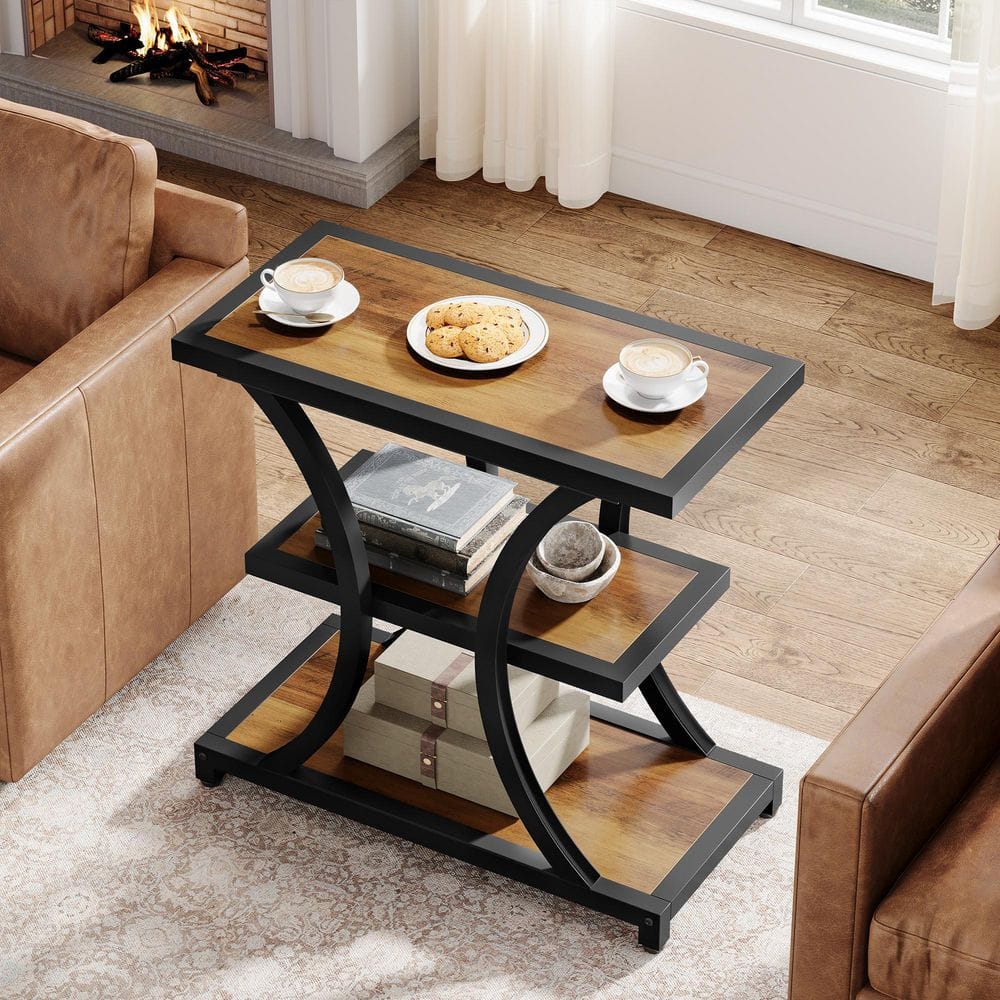 23.6 in. Rustic Brown Rectangle Engineered Wood End Table with Storage Shelves, Narrow Side Table with Metal Frame - thumbnail 3