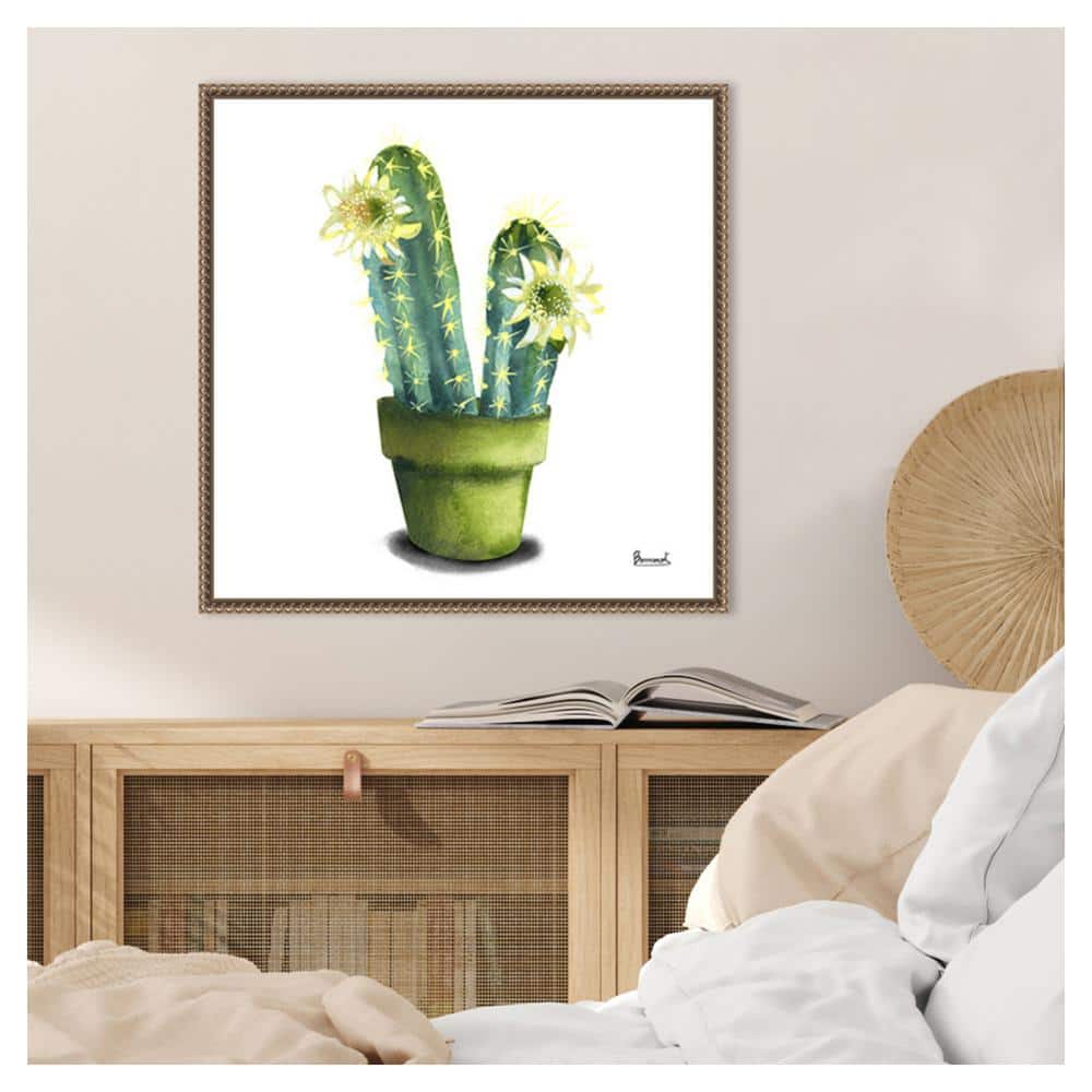 Cactus Flowers II Green and Yellow Canvas Print with Bronze Frame