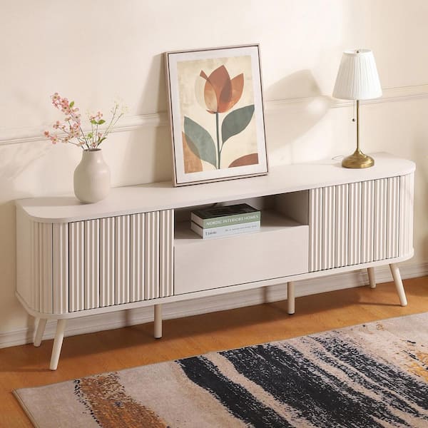 Damien 70 in. Curved TV Stand with Drawer and Storage Doors Fits TVs up to 75 in. with Cable Management, Off-White