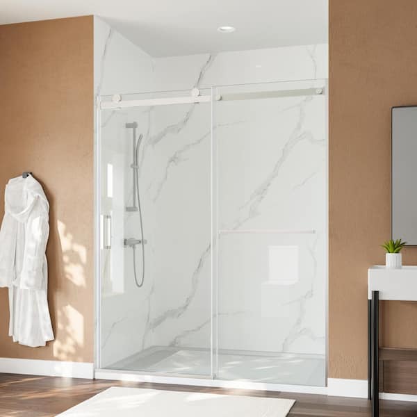 HMMHVV 60 in. W x 72 in. H Frameless Alcove Sliding Shower Door, Installation Width 4 in. Adjusted, Easy Clean Glass, Nickel
