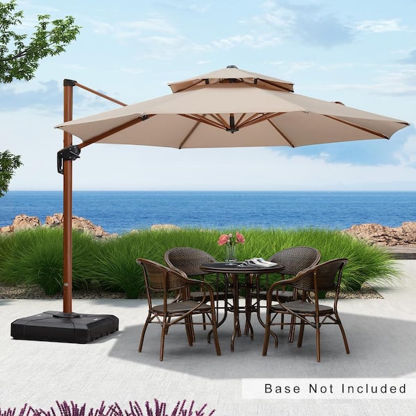 PURPLE LEAF 11 ft. Octagon Sunbrella All-aluminum Octagon 360° Rotation Wood pattern Cantilever Outdoor Patio Umbrella in Beige