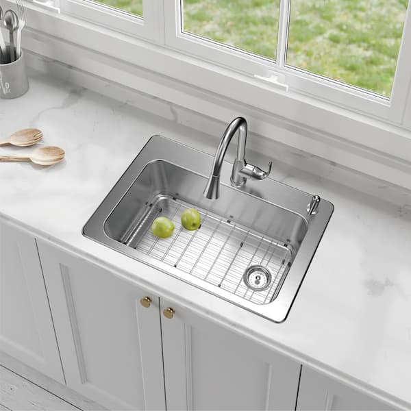 Glacier Bay All In One Stainless Steel 33 In 2 Hole Single Bowl Dual Mount Kitchen Sink With Pull Down Faucet Vt3322d1