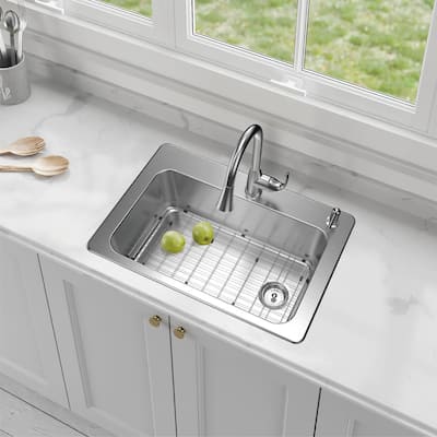 All-in-One Stainless Steel 33 in. 2-Hole Single Bowl Dual Mount Kitchen Sink with Pull Down Faucet