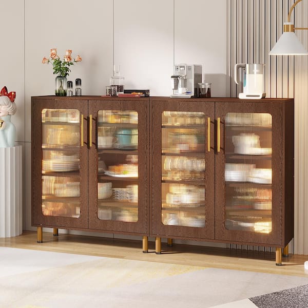 BYBLIGHT Ahlivia Walnut Wood 31.5 in. Sideboard Buffet Cabinet with Doors and LED Light