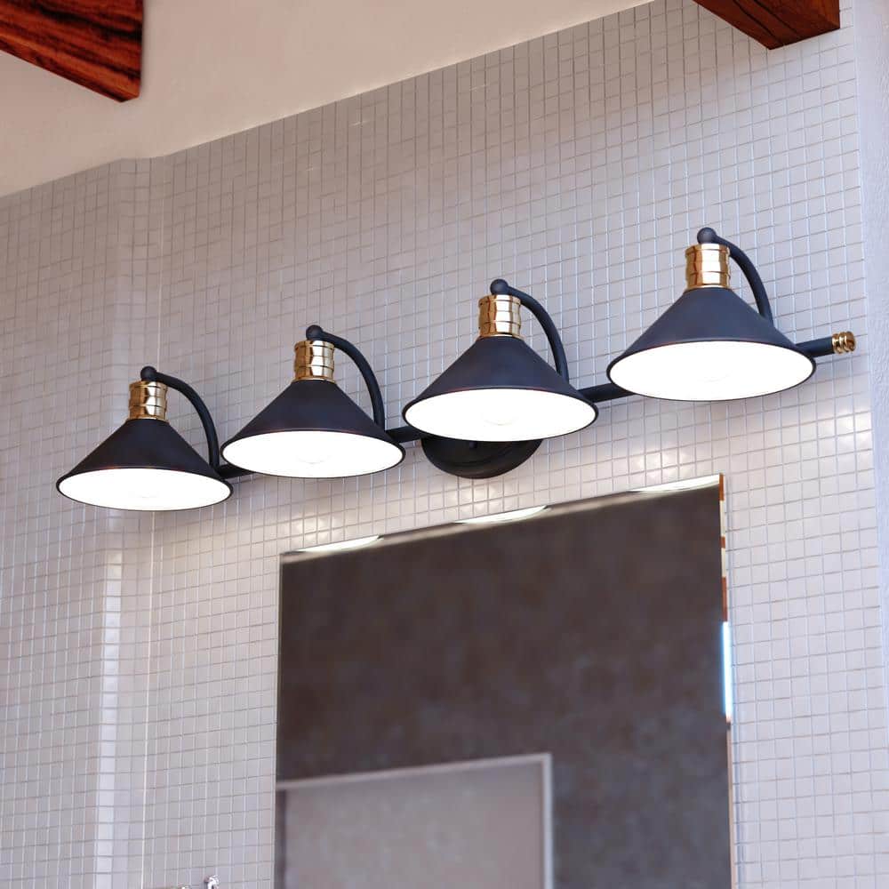 Akron 38 in. W 4-Light Matte Black and Natural Brass Vanity Light Fixture Industrial Metal Shade Bathroom Wall Lighting price history on PriceWatchPro