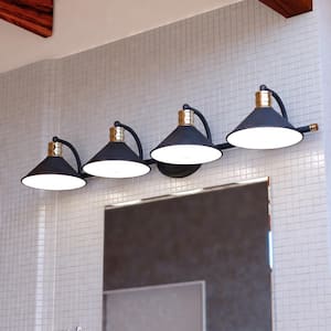 Akron 38 in. W 4-Light Matte Black with Gold Brass Vanity Light Industrial Bathroom Wall Fixture - Metal Shades