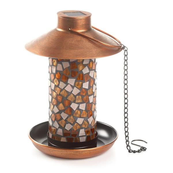 Smart Solar Adelie Mosaic Glass and Distressed Copper Bird Feeder with Integrated LED Solar Powered Light
