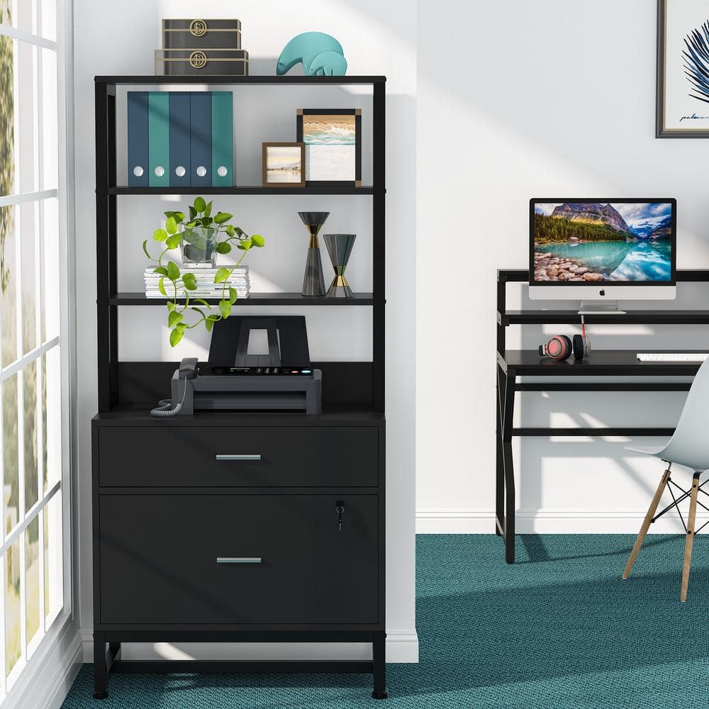 Black Vertical 2-Drawer Lockable File Cabinet with Shelves