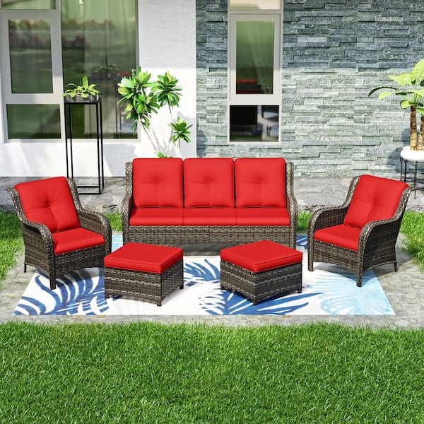 JOYSIDE 5-Piece Wicker Outdoor Patio Seating Conversation Set Sectional Sofa with Red Cushions