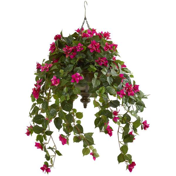 Nearly Natural 37 In Bougainvillea Artificial Plant In Hanging Metal Bowl 8622 Bu The Home Depot