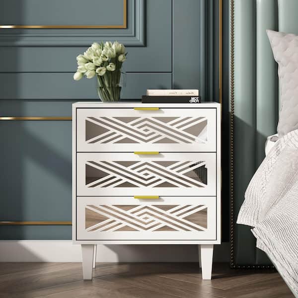 FUFU&GAGA White Wooden Nightstand, Mirrored End Table with 3 Drawers, 23.7 L x 11.9 in. W x 28.3 in. H