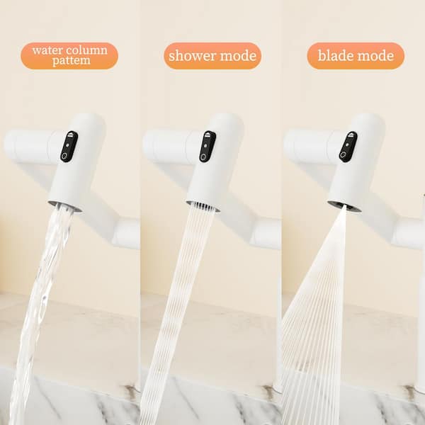 Smart Temperature Display Bathroom Sink Faucet with Pull-Out Spray & 360° Swivel-White