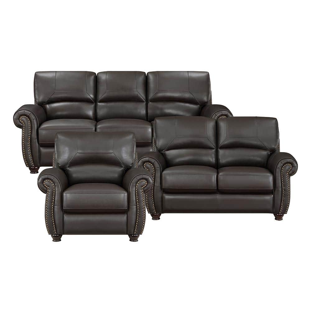 Brennen 84 in. W Rolled Arm Leather Rectangle 3-Piece Living Room Sofa Set 