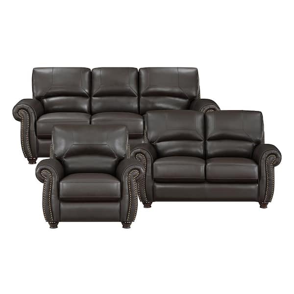 Brennen 84 in. W Rolled Arm Leather Rectangle 3-Piece Living Room Sofa Set in. Dark Brown