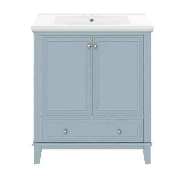 Virubi 30 in. W Single Sink Bath Vanity in Gray Green with White Ceramic Top, Drawer and Adjustable Shelf