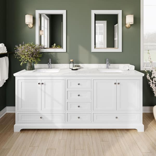 Wyndham Collection Deborah 80"W x 22"D Double Vanity in White w/ Cultured Marble Vanity Top in LightVein Carrara w/ Basins & Med Cabs