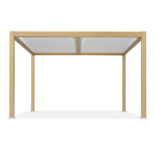 10.2 ft. x 12.3 ft. Wood Grain Aluminum Outdoor Louvered Pergola with Adjustable Roofs and Solar String Lights