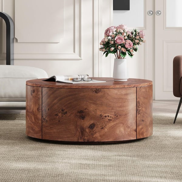 28.4 in. Walnut Round MDF Wood Coffee Table with 2 Drawers and 360° Rotating Top
