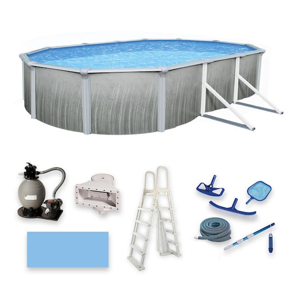 Martinique 12 ft. x 24 ft. Oval x 52 in. Deep Metal Wall Above Ground Pool Package with 7 in. Top Rail